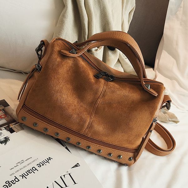 

women suede rivet handbags vintage large capacity shopping bag casual daily tote bag female shoulder bag soft bolsas