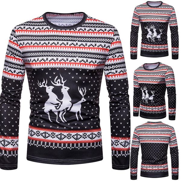 

christmas fashion men elk print o neck long sleeve casual bottoming blouse polyester/spandex xmas style casual men's blouse, White;black