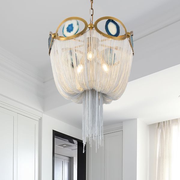 

new modern tassel chandelier living room silver chandelier for kitchen lamp with agate stone metal retro lights loft decoration lamp