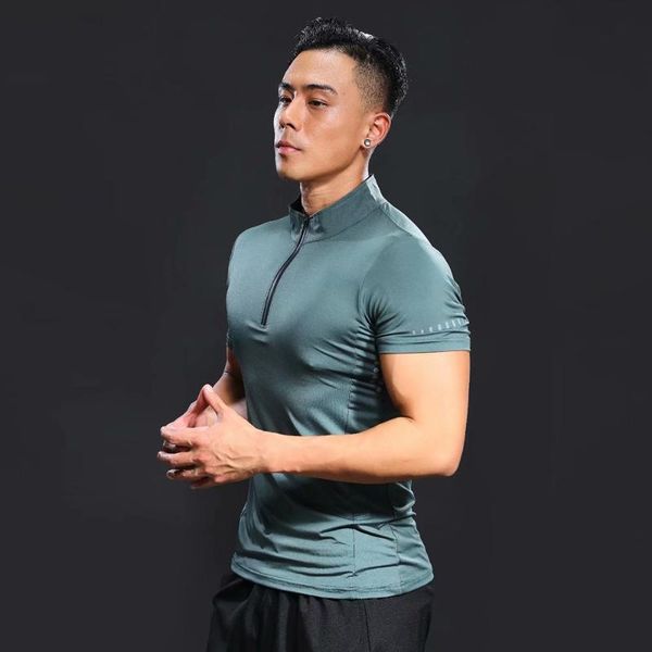 

new men's quick-drying running shirt weightlifting compression shirt short-sleeved gym t-shirt tight fitness rashgard, Black;blue