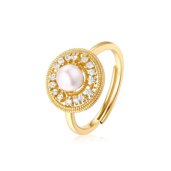

retro ring female palace fresh water pearl index finger ring 925 pure silver silver processing and production, Golden;silver