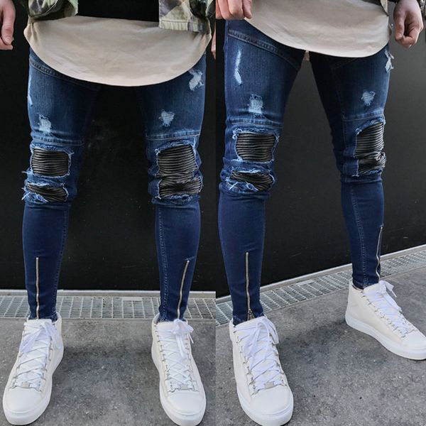

new fashion men's washed ripped destroyed jeans straight vintage frayed denim zipper skinny pants stylish mens long pencil jeans, Blue
