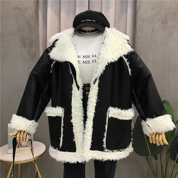 

new autumn winter all-match thick lambswool long sleeve women wadded jackets turn down collar loose female leather jacket coat, Black