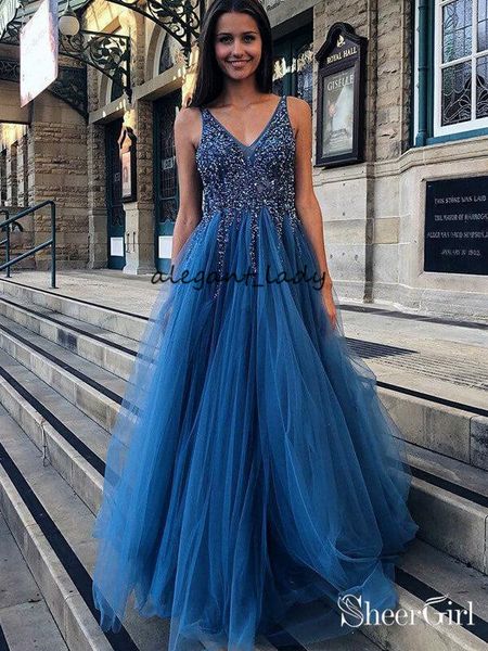 

beaded bodice tulle long prom dresses 2019 new fashion sparkly blush blue backless junior girls party occasion evening wear gowns, Black