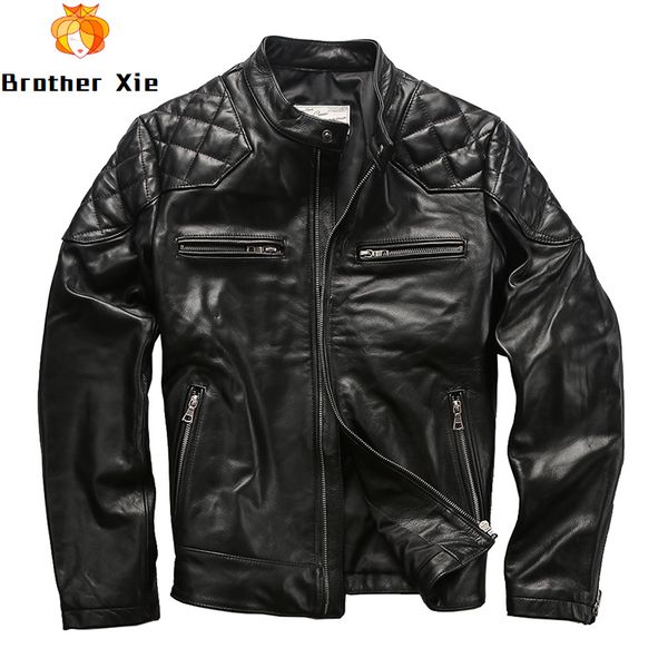 

2020 men genuine cowhide leather jacket black slim motorcycle biker real leather jacket for male r3353