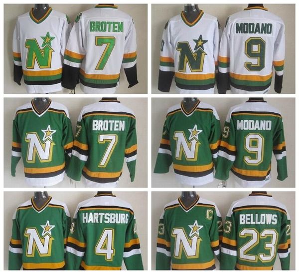 

men 4 craig hartsburg jersey dallas stars 9 mike modano 7 neal broten 23 brian bellows ice hockey jerseys vintage ccm green white, Black;red