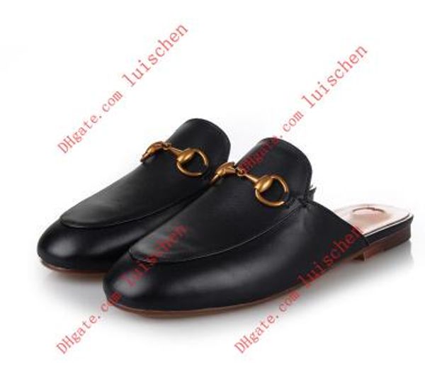 

33-43 luxury leather loafers muller slipper shoes with buckle fashion women princetown slippers ladies casual mules flats new, Black