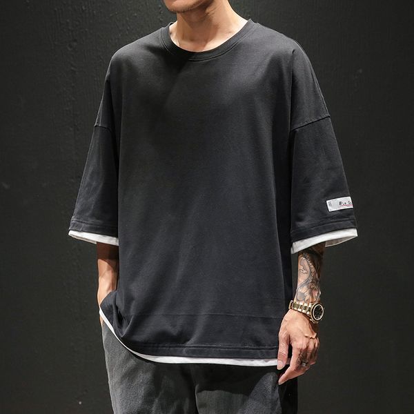 

fake two pieces male t-shirt solid color men's half sleeve t-shirts o-neck large sizes summer mens t shirts, White;black