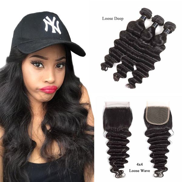 

индийский малайзии свободные глубокие волны человеческих волос плетение наращивание 3 связки с закрытием кружева бесплатный средний двойной, Black