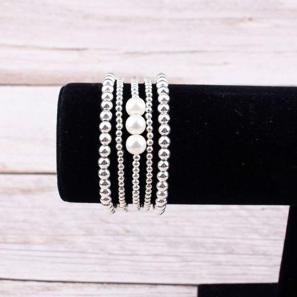 

zwpon fashion 5pcs/ set ccb beads pearl bracelets bangles plastic beads pearl adjustable elastic bracelets for female jewelry, Black