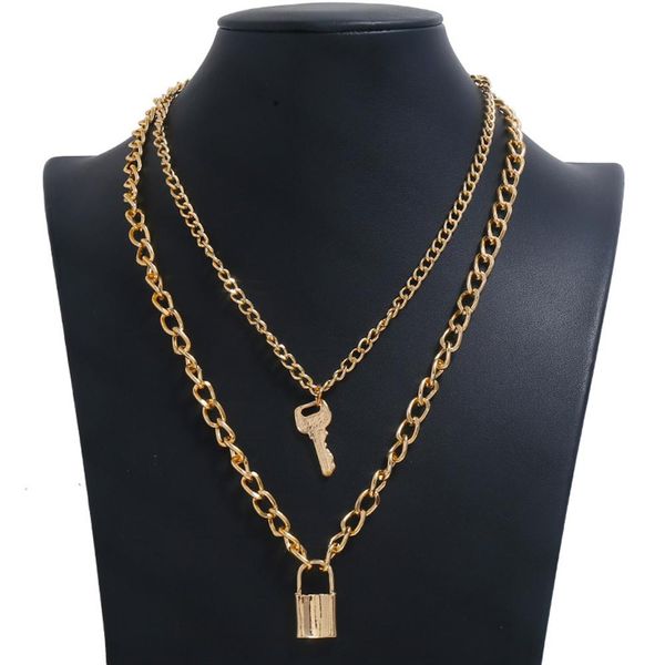 

women alloy punk hip-hop multilayer necklace simple retro key lock pendant gold silver color