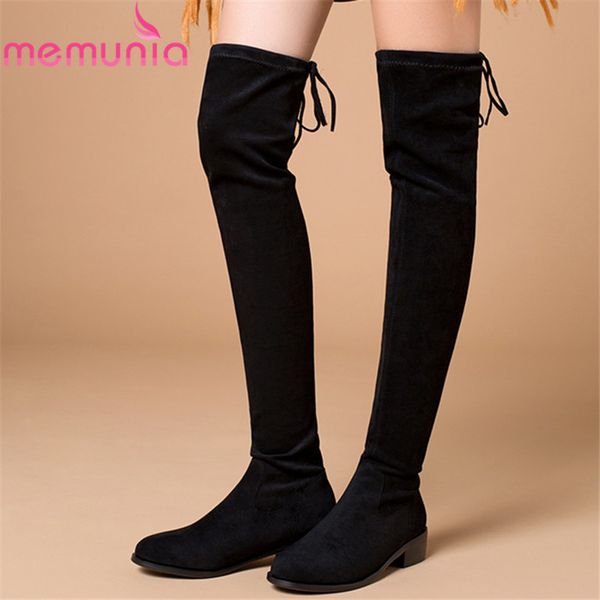 

memunia 2020 new arrival thigh high boots women flock round toe lace up autumn winter stretch boots slim party shoes woman, Black