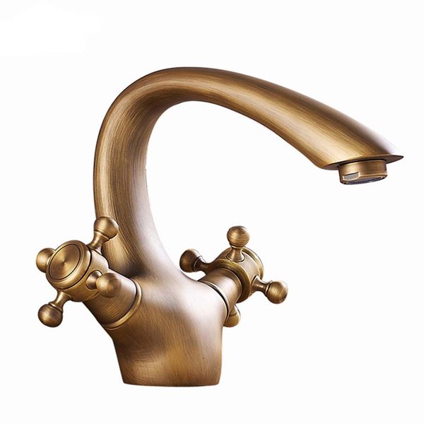 

1 pc pure copper antique brushed brass faucet dual knobs kitchen sink basin and cold water mixer water faucet
