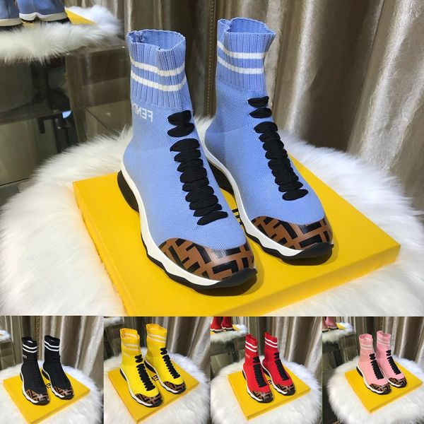 

Stretch Knit Fabric Sneaker Boots Luxury Brand Womens Designer Shoes Decorative Laces Fashion Sock-like Mid top Sneakers