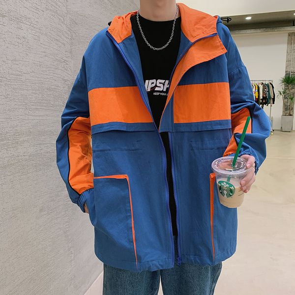 

2019 men's fashion trend windbreaker hit color hat streetwear bomber jacket loose high-quality black/blue color coats m-5xl, Black;brown