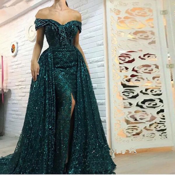 

gorgeous green bling mermaid prom dresses with overskirts off shoulder formal evening gowns saudi african pageant party gowns plus size, Black