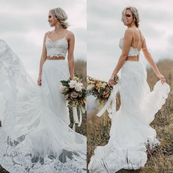 

chic two pieces lace wedding dresses spaghetti straps v neck bridal gowns a line tulle sweep train appliqued vestido de novia, White