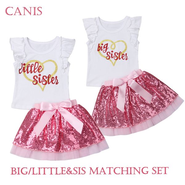 

2019 summer newborn kids baby girls sisters matching clothes cotton t-shirt letter sequins skirt outfits clothes, White