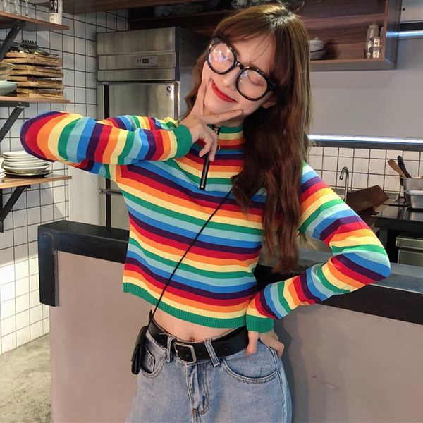 

rainbow striped half-high collar bottoming shirt female early autumn slim slimming long-sleeved sweater fashion, White;black