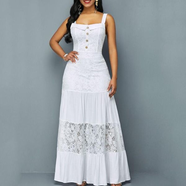 

white dress long summer 2020 elegant office ladies spaghetti strap sleevless a line women party plus size 2xl maxi lace dress, Black;gray