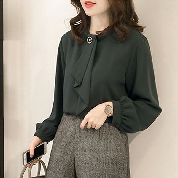 

feitong fashion shirt women long lantern sleeve o-neck casual chiffon tie solid shirts blusas femme work chemise, White