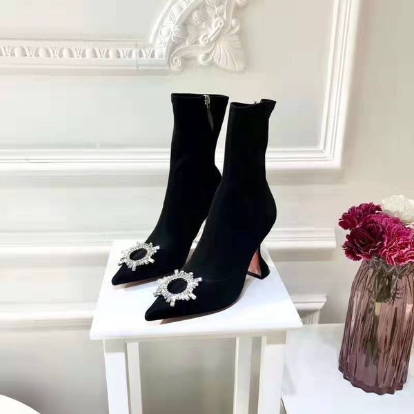 Новый бренд Amina Luxury Muaddi Sunflower Shoes 95mm Heel Goblet Begum Украшенные ботильоны Украшенные кристаллами эластичные атласные носки