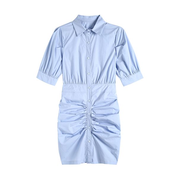 

perhaps u violet turn down collar short sleeve puff sleeve mini dress elegant solid summer women female pleated d1788, Black;gray