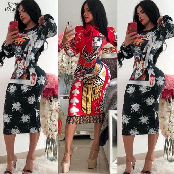 

2020 autumn long sleeve pencil dresses o neck playing cards vintage print dresses women bandage nightclub midi dress, Black;gray