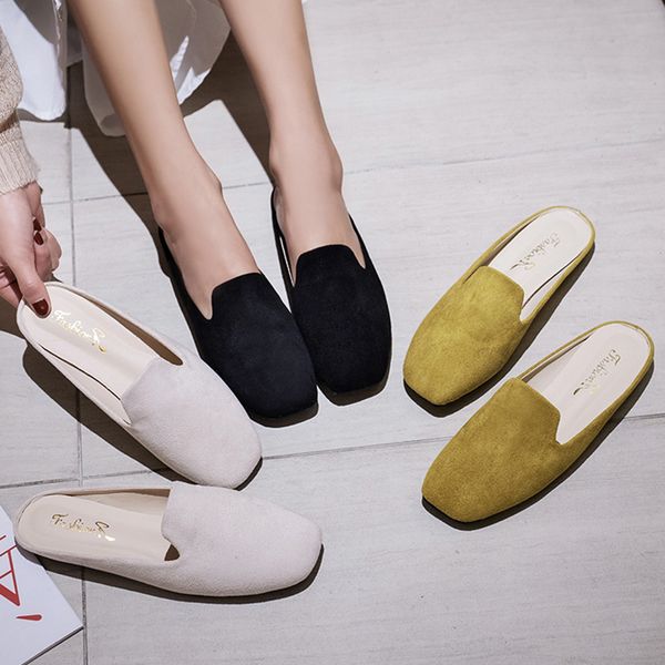 

2020 spring summer women slippers square toe slides flat slipper black ladies shoes yellow casual shoes zapatos mujer 8008r