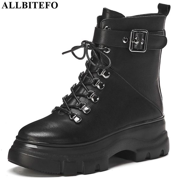 

allbitefo natural genuine leather frenulum ankle boots belt buckle women boots simple style fashion autumn winter, Black