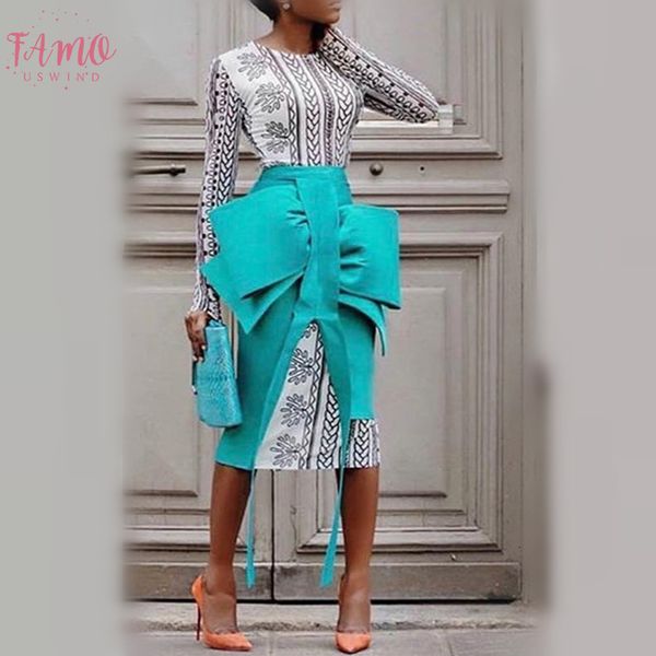 

2 pieces sets spring women pencil skirts with printed dresses elegant big bowtie slim split jupes lady fashion 2019 summer, White