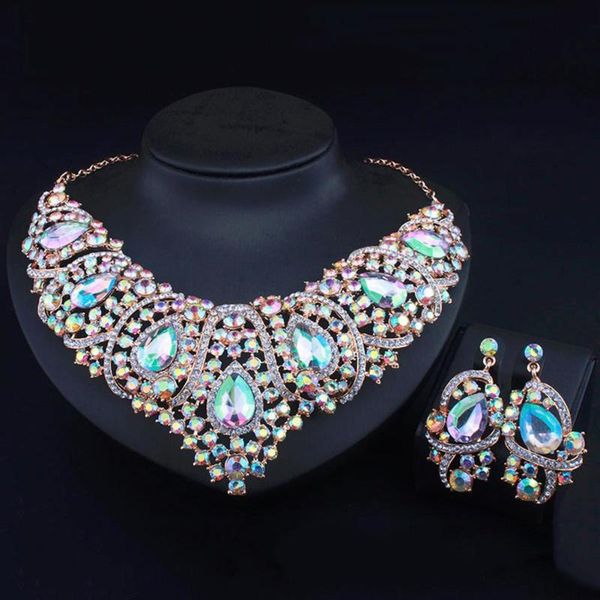 

women rhinestone inlaid bib necklace stud earrings wedding jewelry set crystal necklace earrings set decoration, Silver