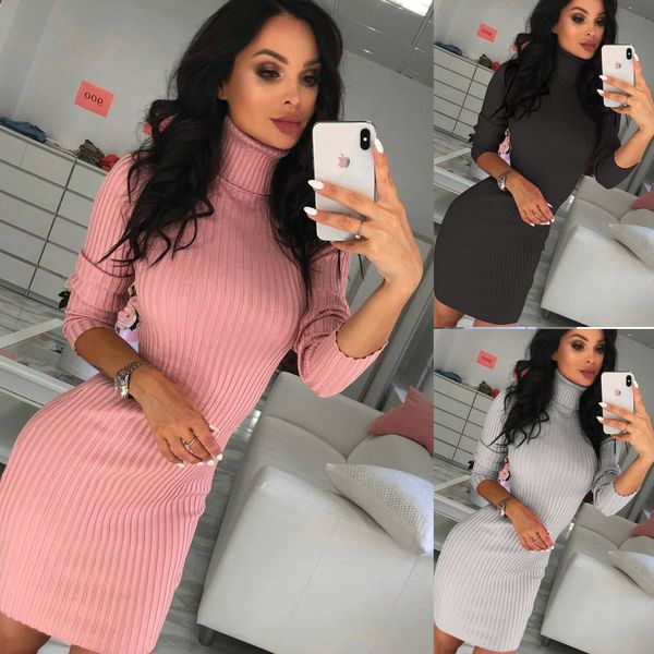 

casual dresses women's high-neck slim long sleeve dress 2021 nightclub party solid color turtleneck skinny midi, Black;gray