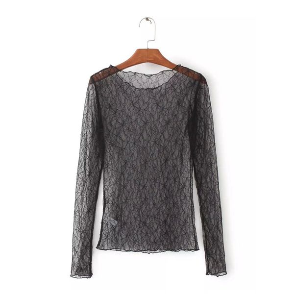 

lace see-through crop black shirt women summer o-neck long sleeve fashion solid lady bottoming blouse, White