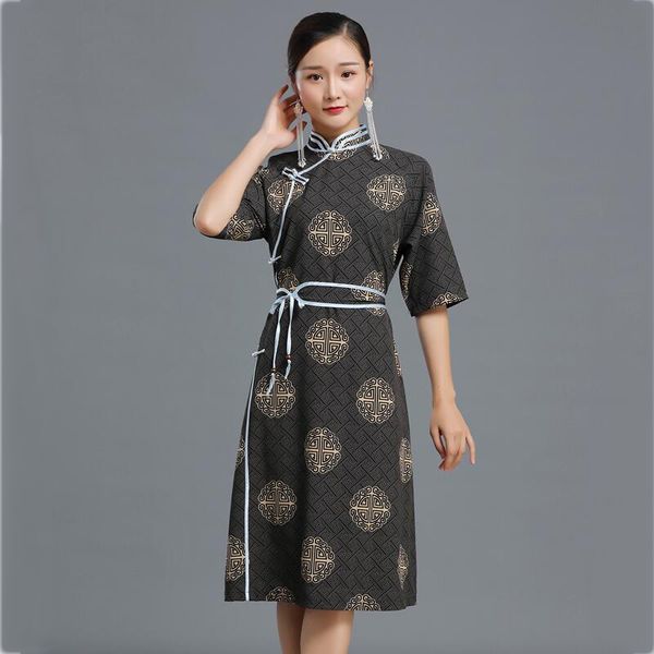 

summer printed retro mongolian cheongsam robe women ethnic dress qipao traditional national clothing classic oriental costume, Red