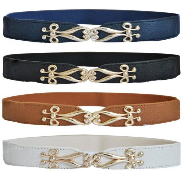 

women fashion thin flower gold metal buckle elastic stretch corset waist belt, Black;brown