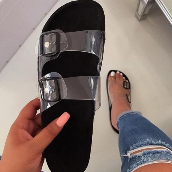 

plus size transparent female slippers fashion eva crystal upper outside beach shoes seaside summer slides women casual sandals, Black