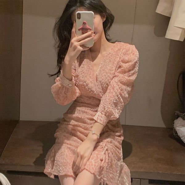 

girls fragrance vintage v-neck leopard pink gold velvet dress floral french wrap dress spring 2020, Red