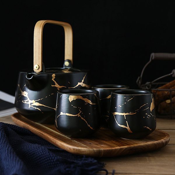 

japanese style gold marble texture porcelain tea set with 1 teapot 4 teacups 1 wood tray asian tea drinkware matte black white