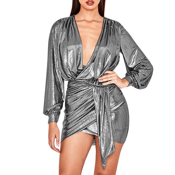 

women deep v-neck bandage vestidos solid slim long sleeve club fork mini dress robe femme, Black;gray