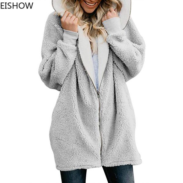 

eishow warm plus size zip up hooded women jacket full sleeve pockets hoodies causal autumn winter coat s-5xl long solid outwear, Black;brown