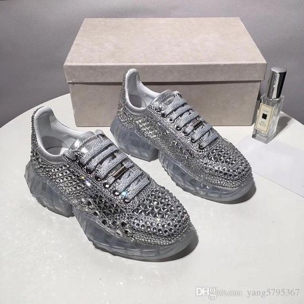 

20192luxury fashion designer diamond sneakers diamond shoes lace-up fastening real leather metallic shoes double box sz 36-45, Black