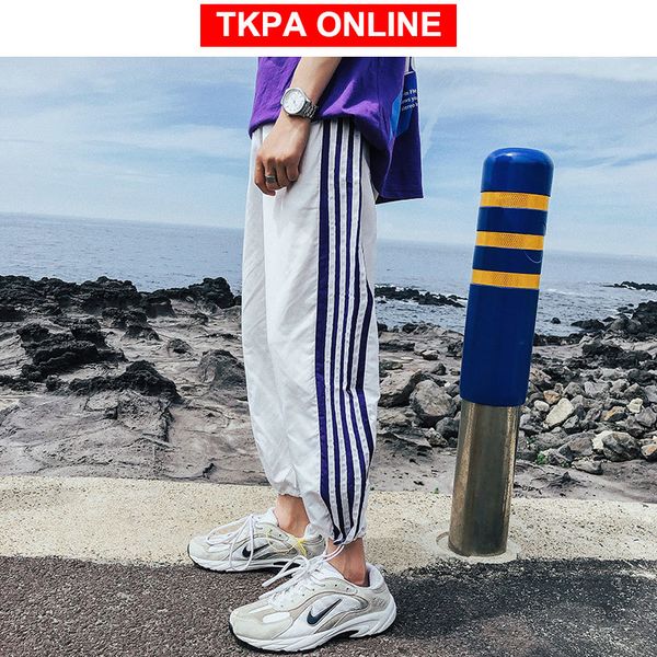 

side striped joggers pants men streetwear 2020 hip hop summer thin sweatpants mens casual harem pants white trousers, Black