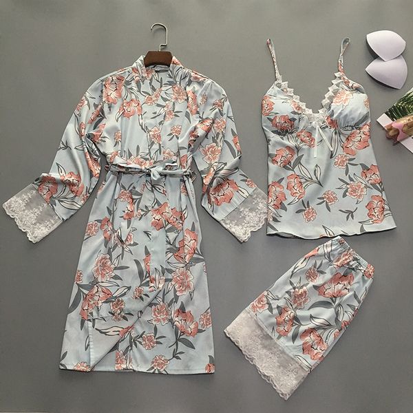 

2019 summer women pajamas sets 3 pieces with chest pads flower print lace pyjama satin sleepwear silk nightwear pijama, Blue;gray