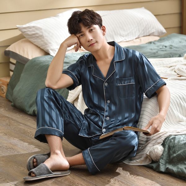 

men's short-sleeved two-piece suit satin casual cardigan suit ice silk imitation silk trousers home pajamas pajamas clothes, Black;brown