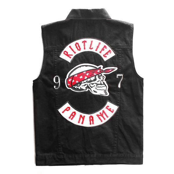 

Винтаж Панк-Рок Superacids череп вышивка плеча мотоцикла Мужчины Джинсовый Жилет Мужс