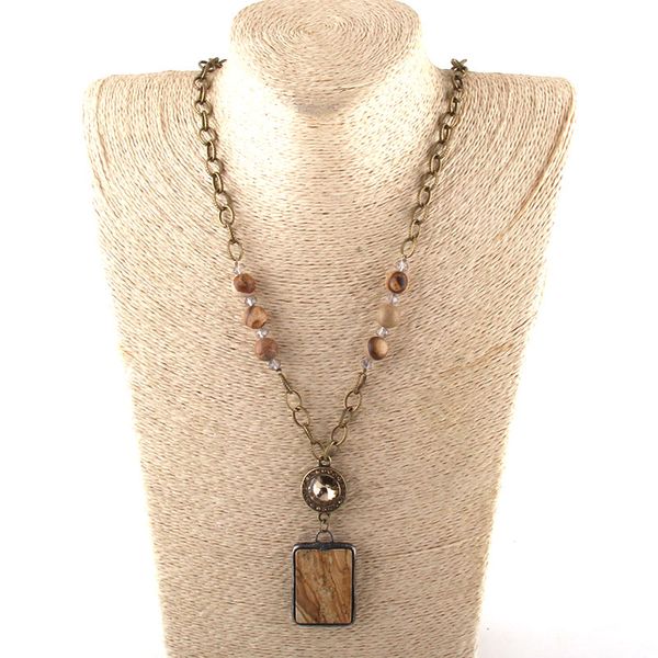 

fashion bohemian tribal jewelry antique chain 10mm stone and crystal links rectangle stone pendant necklaces dropship, Silver