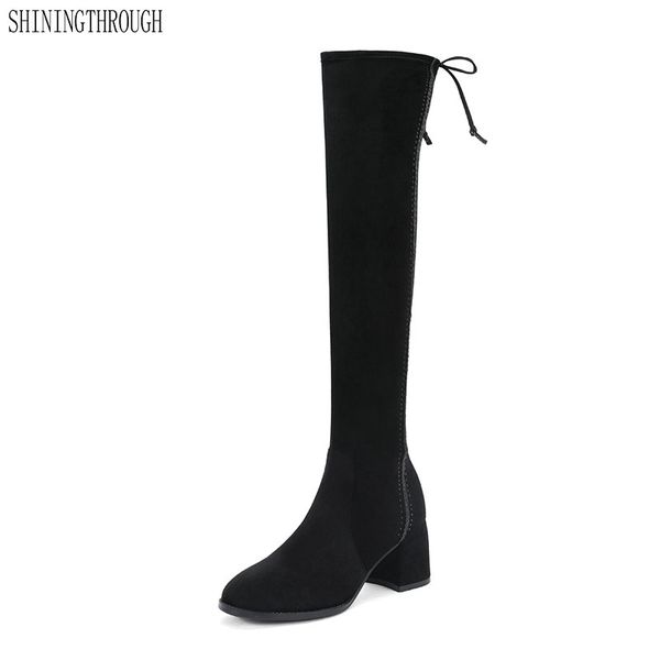 

women black suede leather over the knee high boots high heels autumn winter party dress shoes woman large size 34-42