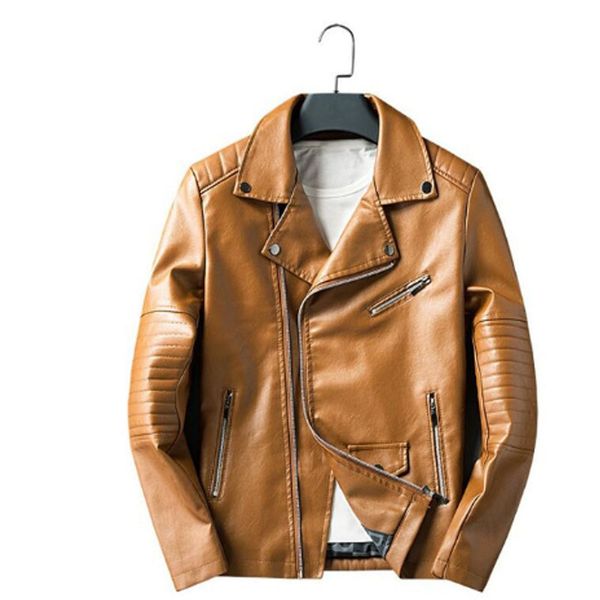 

outono inverno jaqueta de couro do plutÃ´nio do vintage inclinado zÃ­per fino ajuste casaco masculino motociclista casual jaquetas, Tan;black