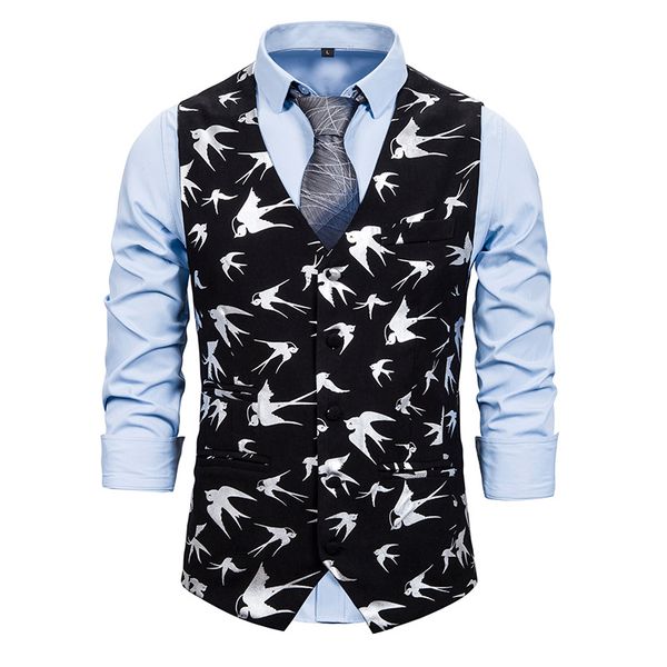 

little bird printed single breasted vest men 2020 brand new slim fit mens sleeveless waistcoat formal busienss chaleco hombre, Black;white